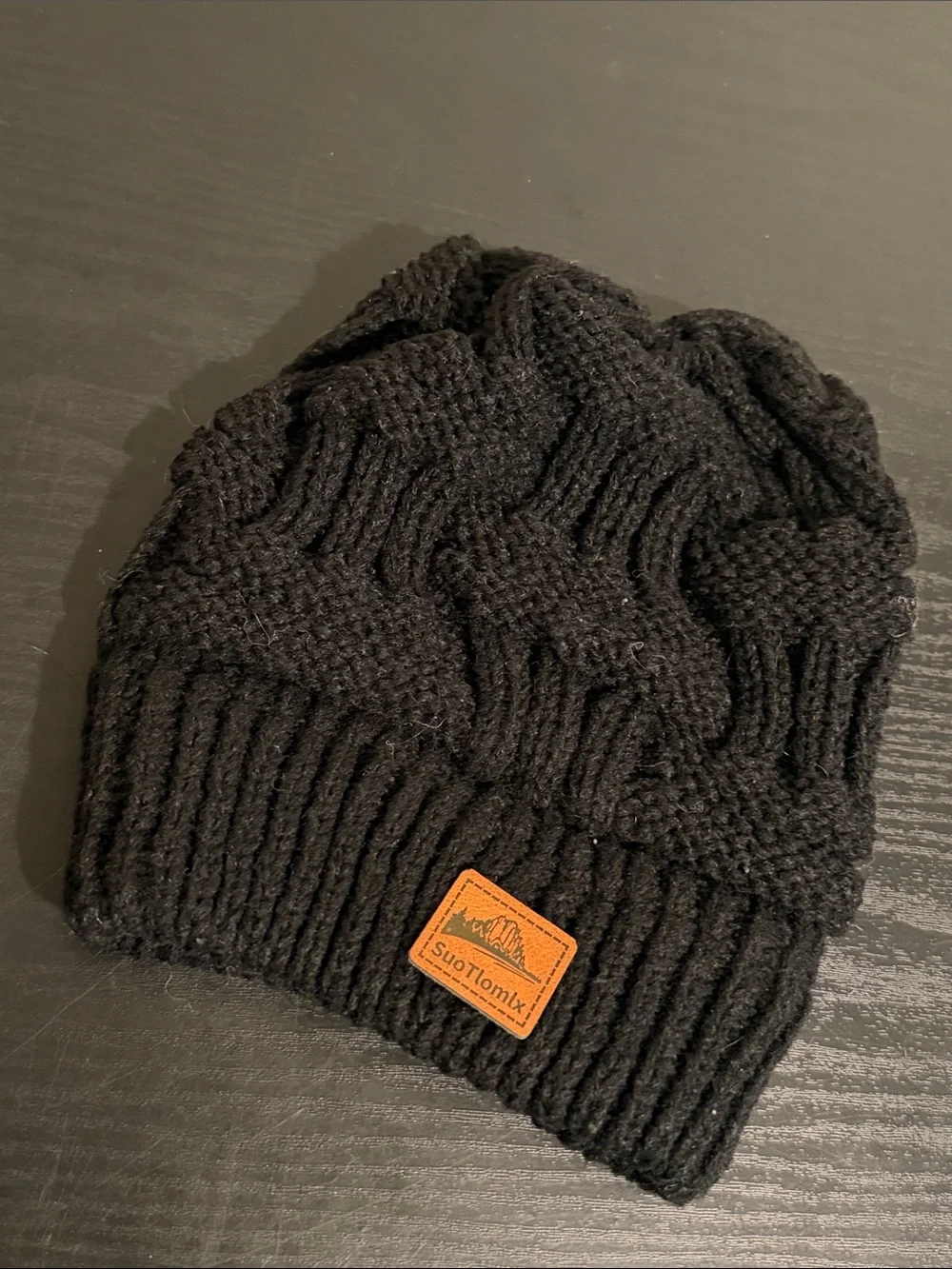 SuoTlomlx Black Knit Beanie with Leather Logo Patch
